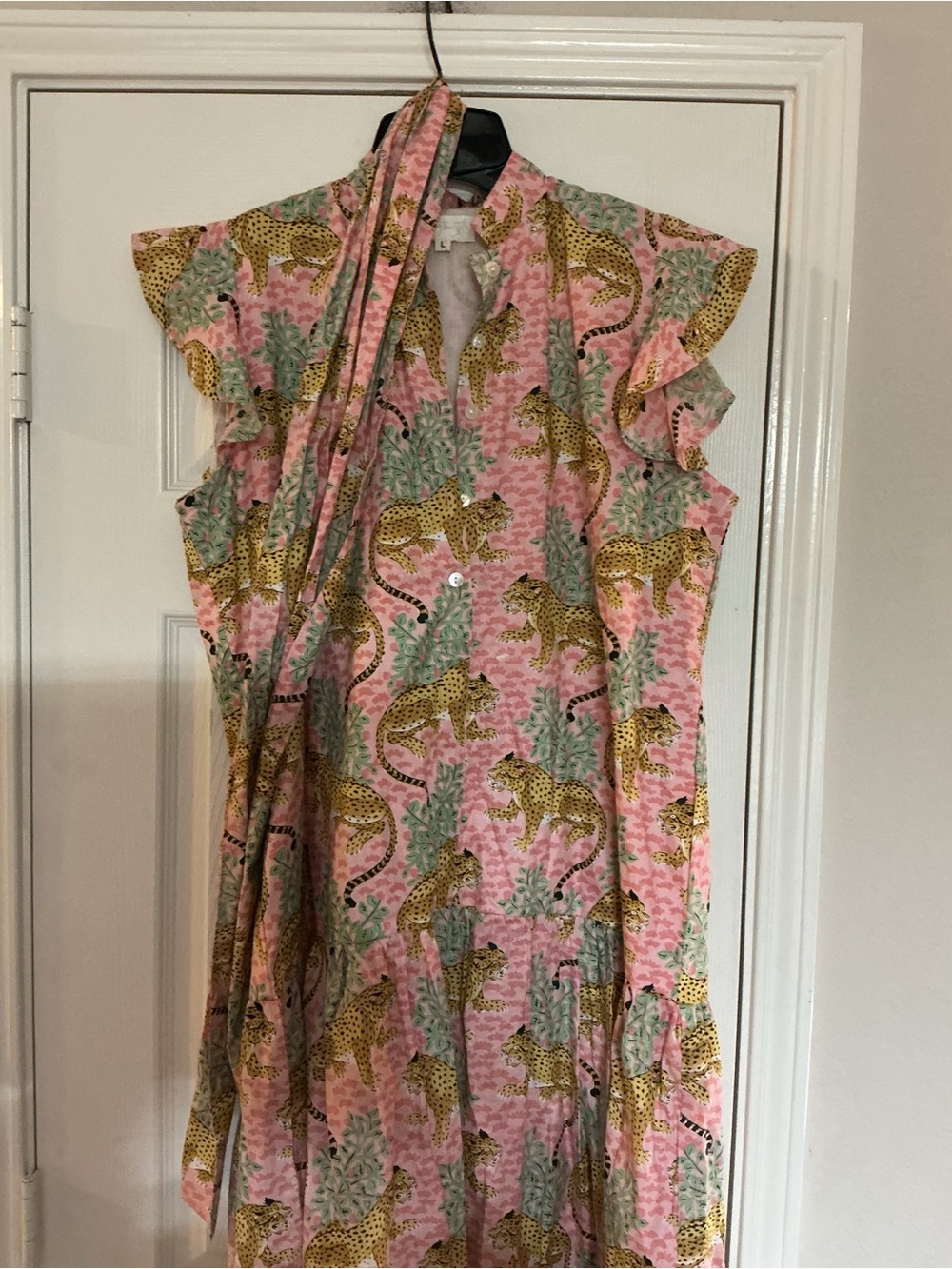 Pink Leopard Print Tie-Neck Dress